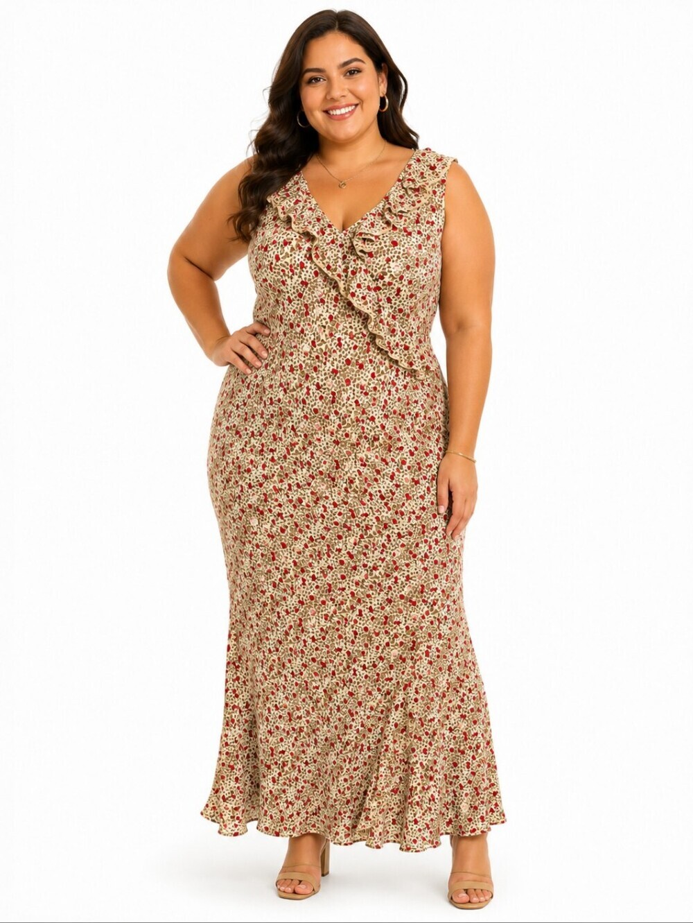 R & K Vintage Sleeveless V-Neck Floral/Animal Print Ruffle Maxi Dress
